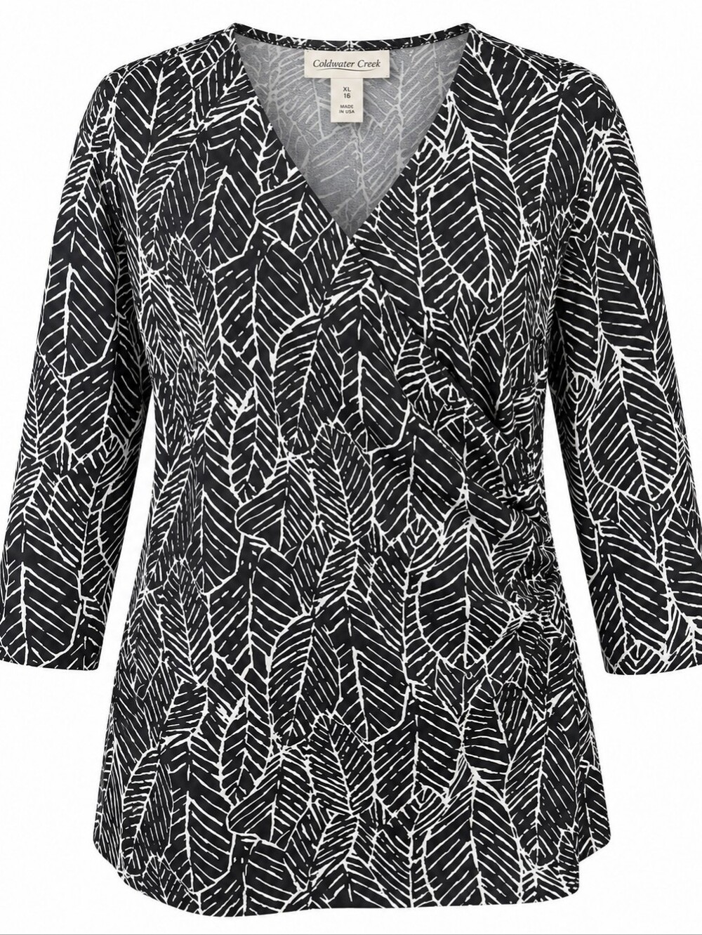 COLDWATER CREEK | Black White Palm Leaf Ruched Faux Wrap Blouse | XL